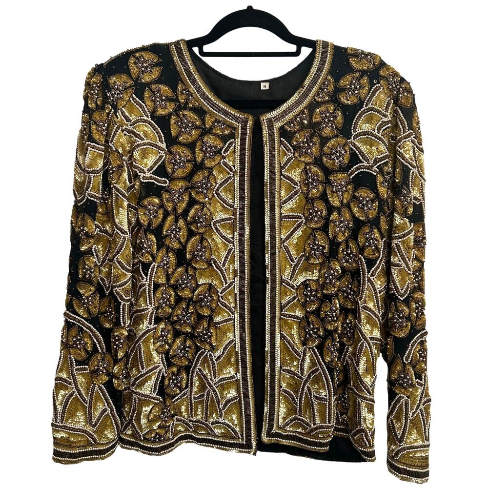 Vintage Indian Silk Hand Beaded Sequin Jacket Sz M Gold Artisan Wearable Art